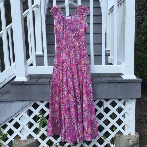 The Fox and the Mermaid Pink Floral Smocked Tiered Cotton Maxi Dress M Boho New - Picture 9 of 10